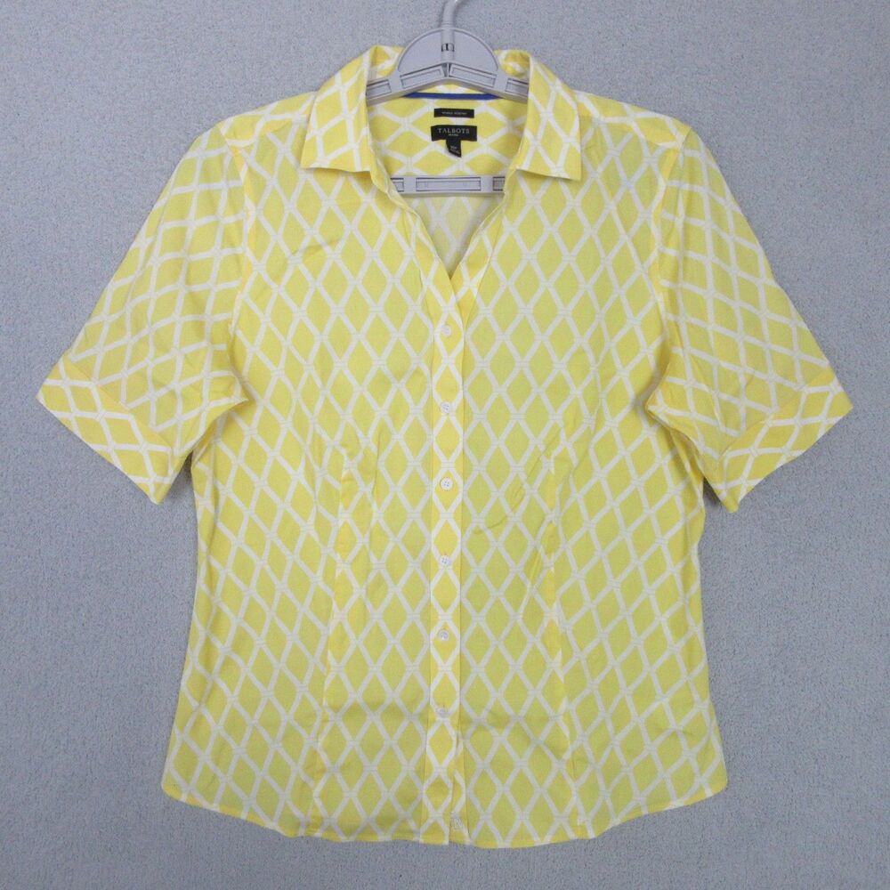 Talbots Blouse Womens Petite 10P Yellow Geometric Short Sleeve Button Up Stretch